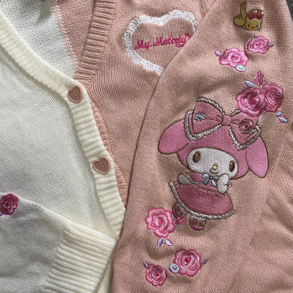 My Melody Sanrio Cardigan Womens Medium Pink White Embroidered Coquette Y2k - Picture 6 of 8